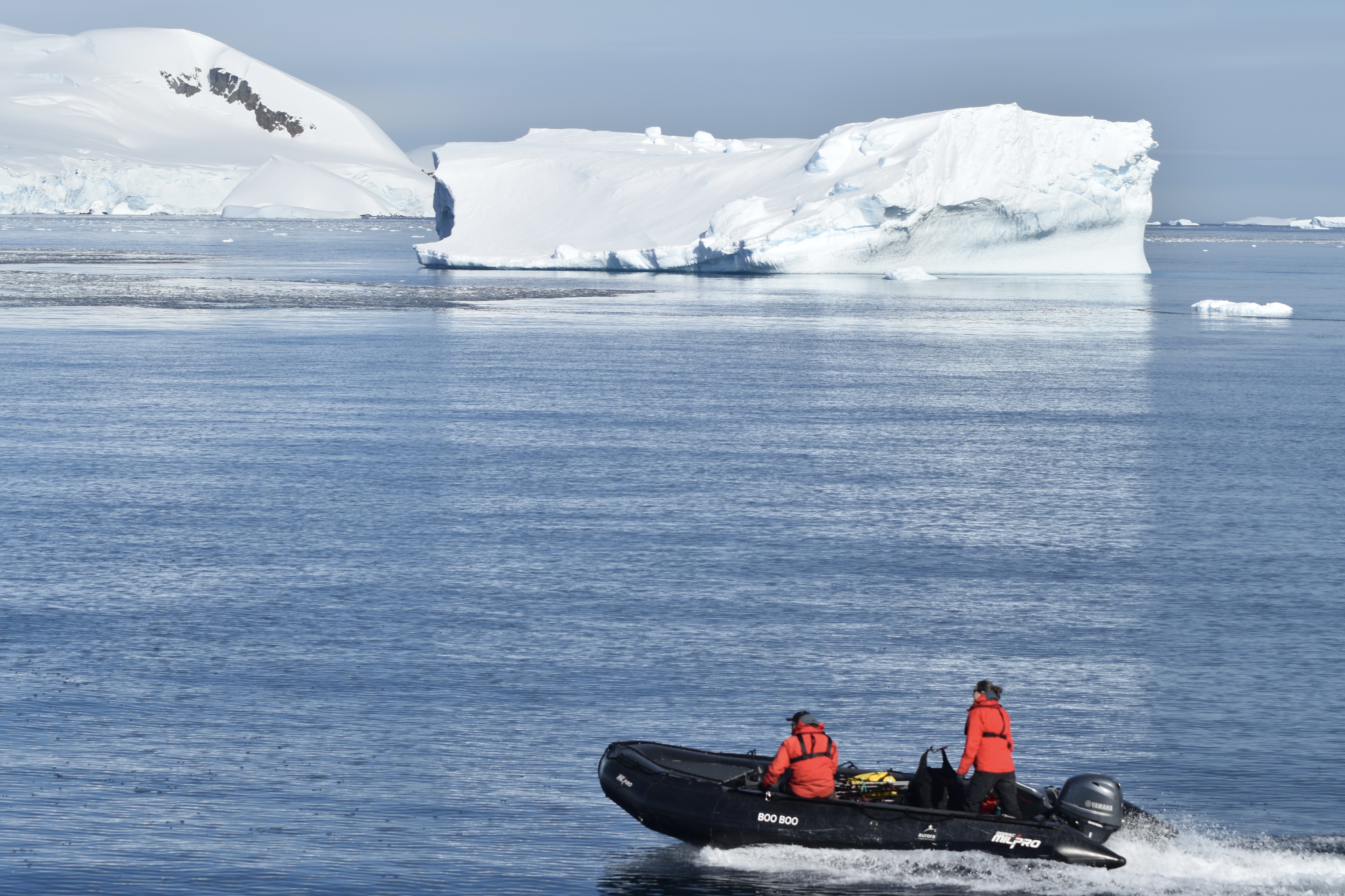 Two members of the expedition team in a zodiac scouting the landing site at Curtis Bay