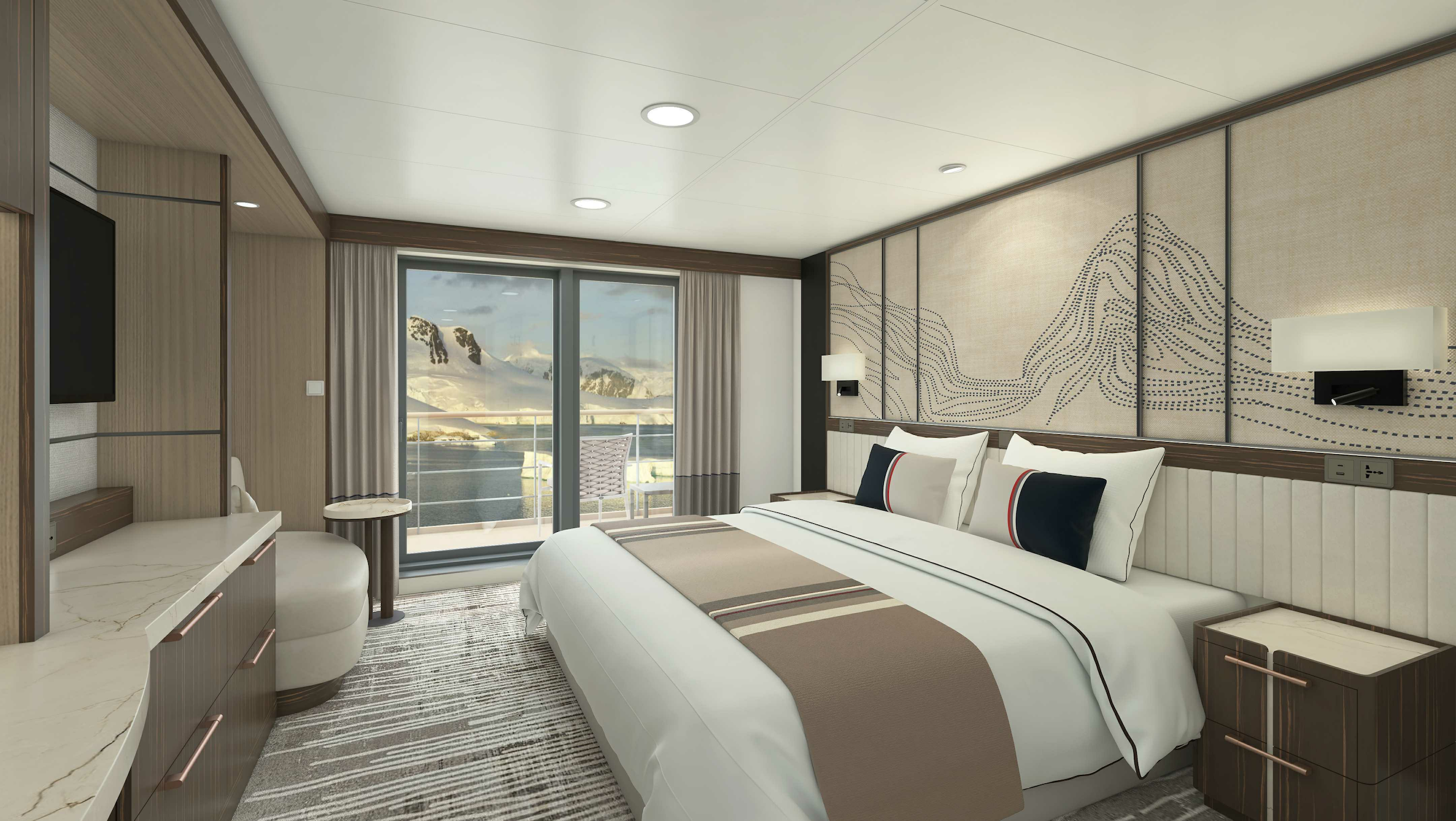 An artistic rendering of a cabin on the Magellan Discoverer
