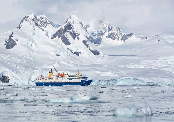 Ocean Nova, Antarctic Vessel amongst icebergs in Antarctica