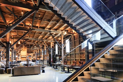 The staircase and ground floor of Explorers House, an exclusive base for travellers in Punta Arenas, Chile