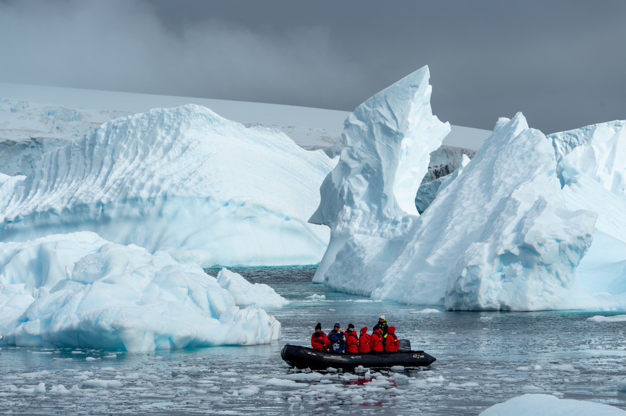 Zodiac cruising amongst icebergs on an Antarctic trip