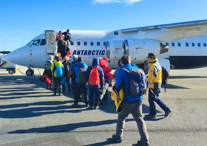 Boarding Antarctic Airways flight from Punta Arenas to King Georgia Island in Antarctica