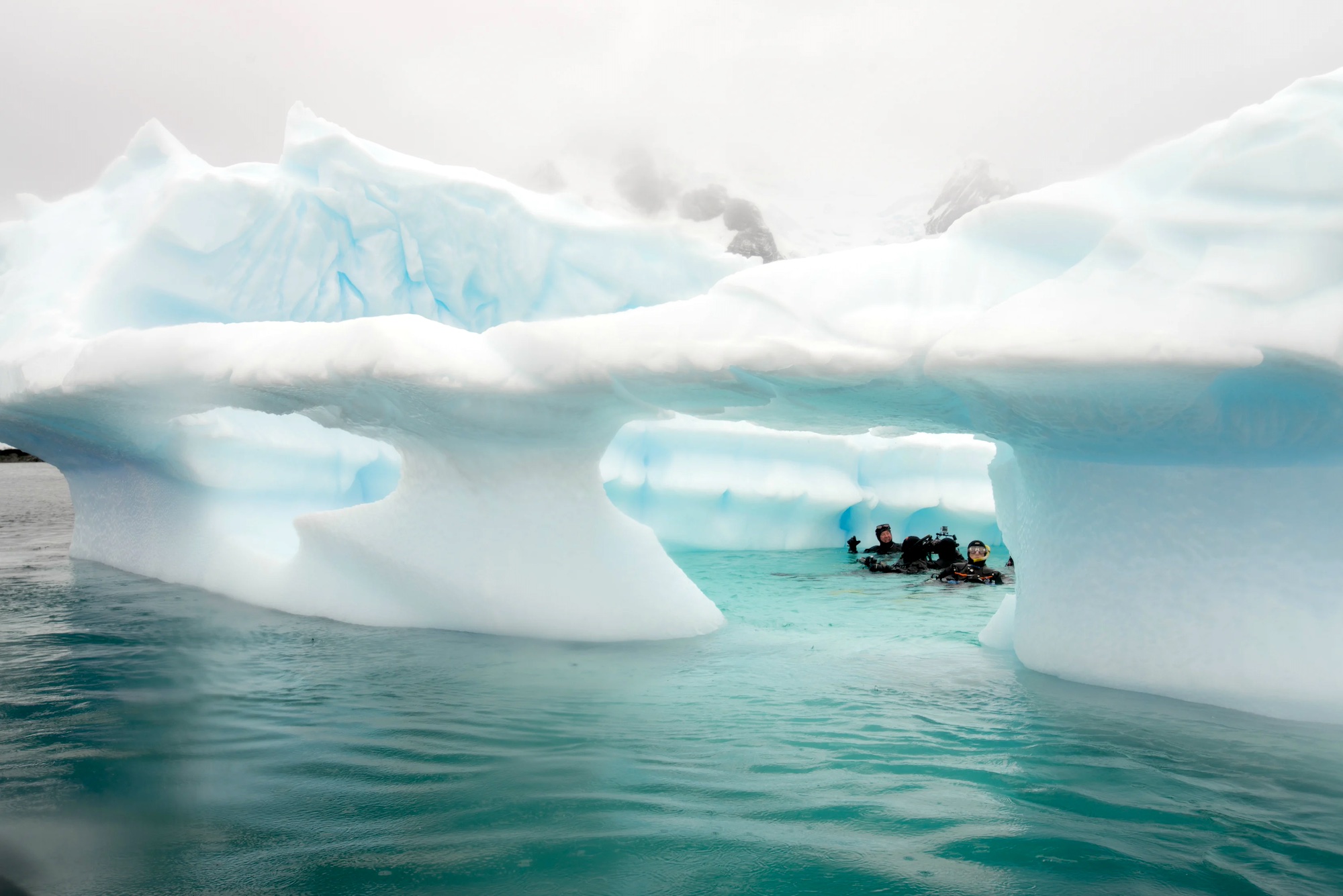 Scuba divers in an iceberg in Antarctica 