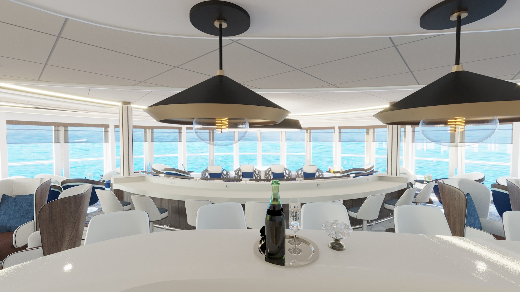 The Antarctic ship Douglas Mawson's Deck 8 observation lounge in CGI