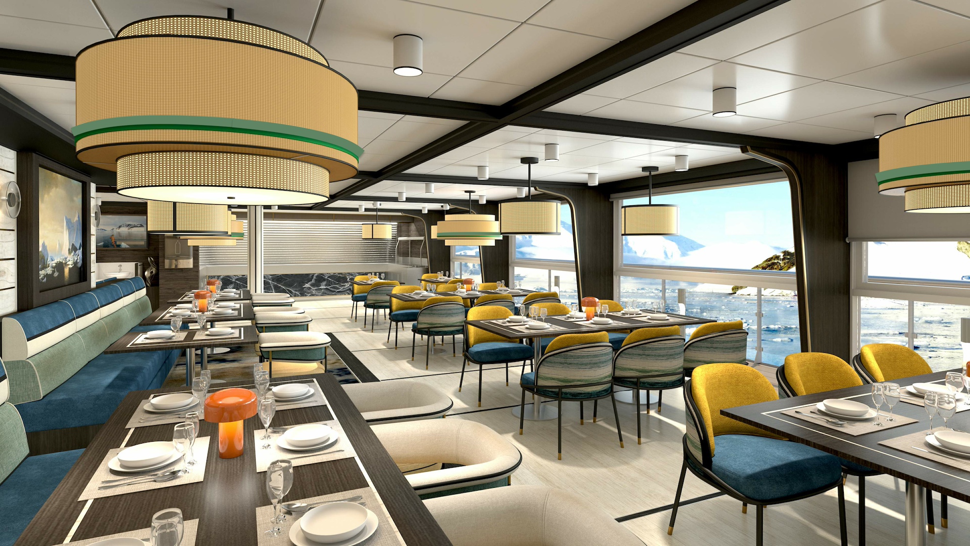 The Antarctic ship Douglas Mawson's Deck 8 restaurant in CGI