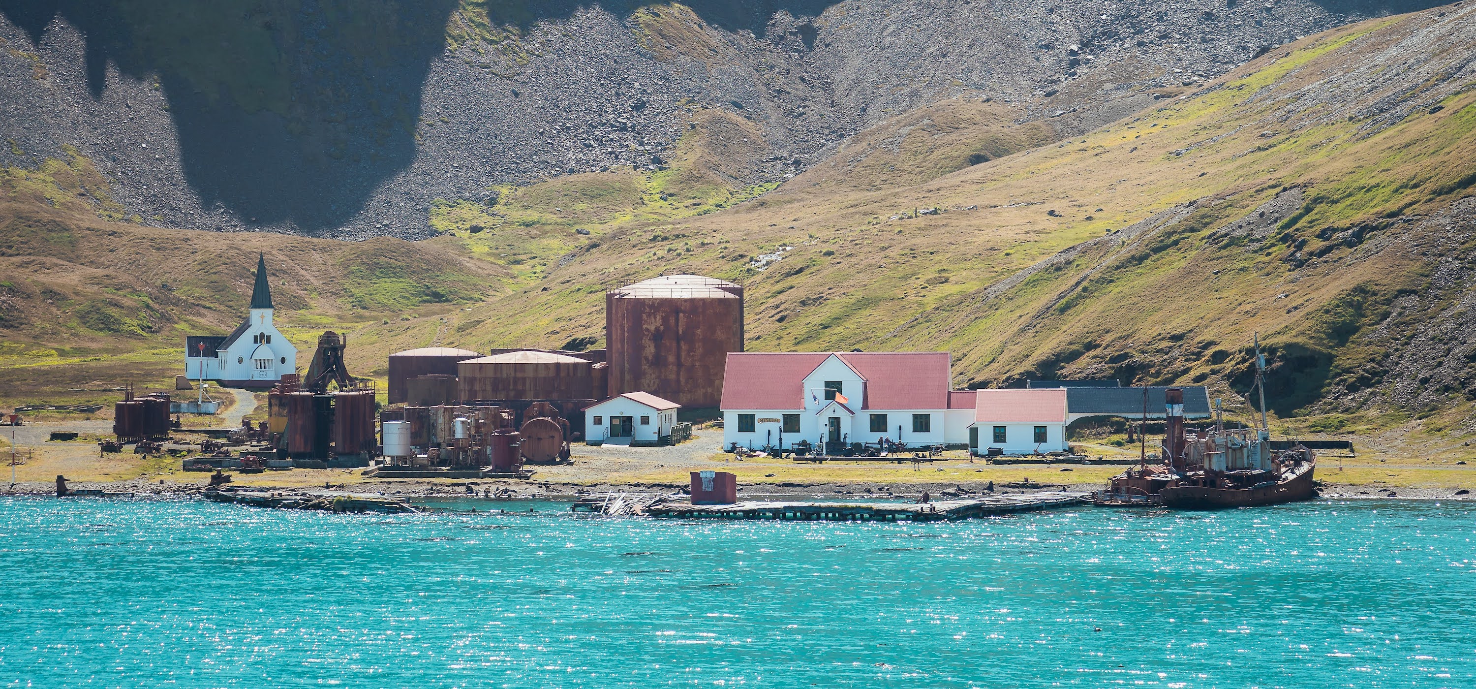 Grytviken historic whaling station in South Georgia seen from the sea