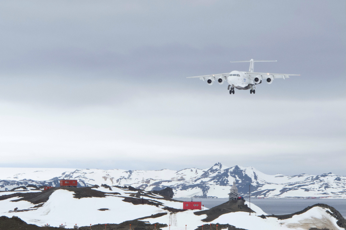 Plane landing on King George Island in Antarctica