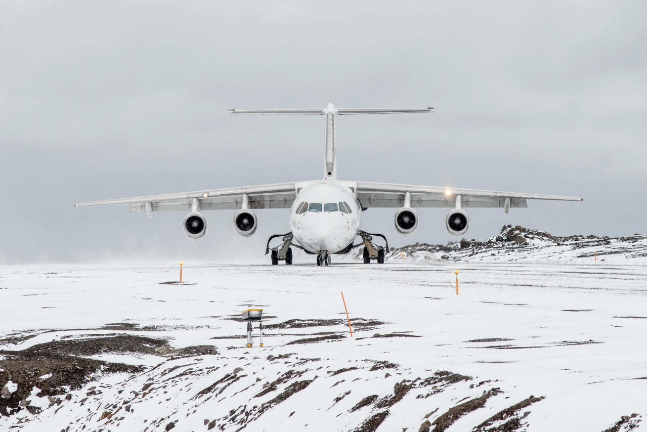 Plane landing at King George Island, Antarctica