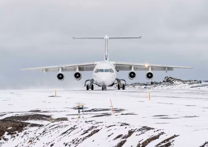 Plane landing at King George Island, Antarctica
