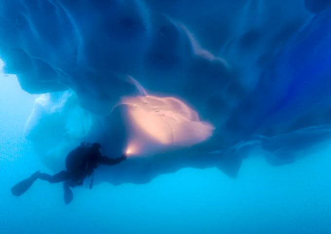 A scuba diver inspects the bottom of an iceberg in Antarctica