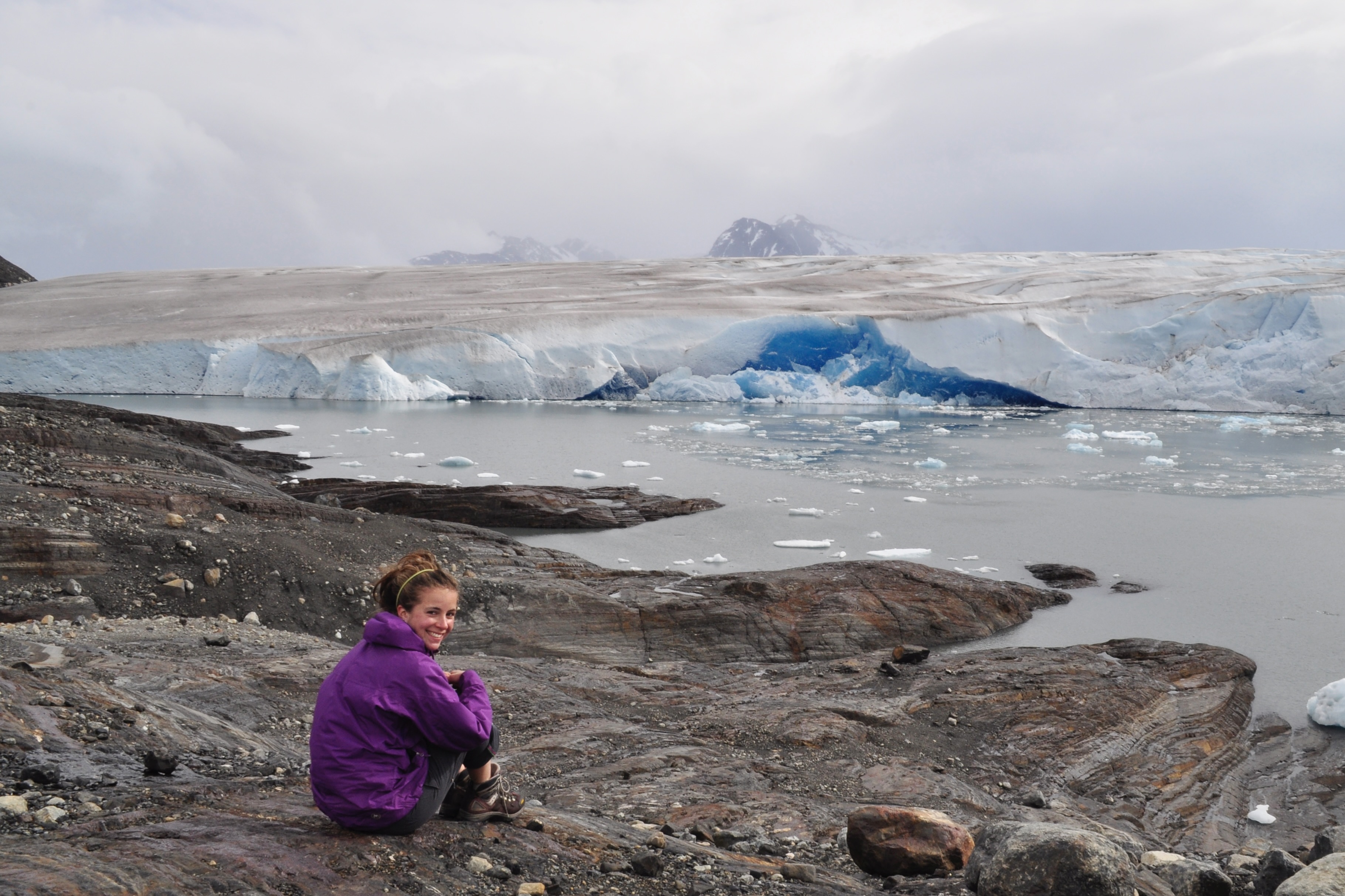 Natalia sitting before Zapata Glacier in Torres del Paine