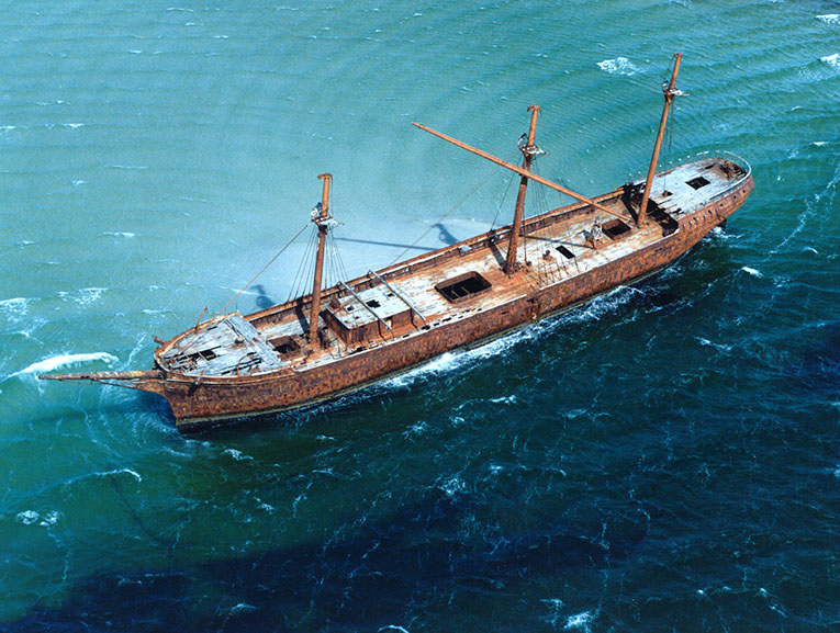 Aerial view of the shipwreck of the Lady Elizabeth in Whalebone Cove near Stanley, Falkland Islands