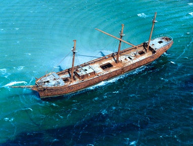Aerial view of the shipwreck of the Lady Elizabeth in Whalebone Cove near Stanley, Falkland Islands