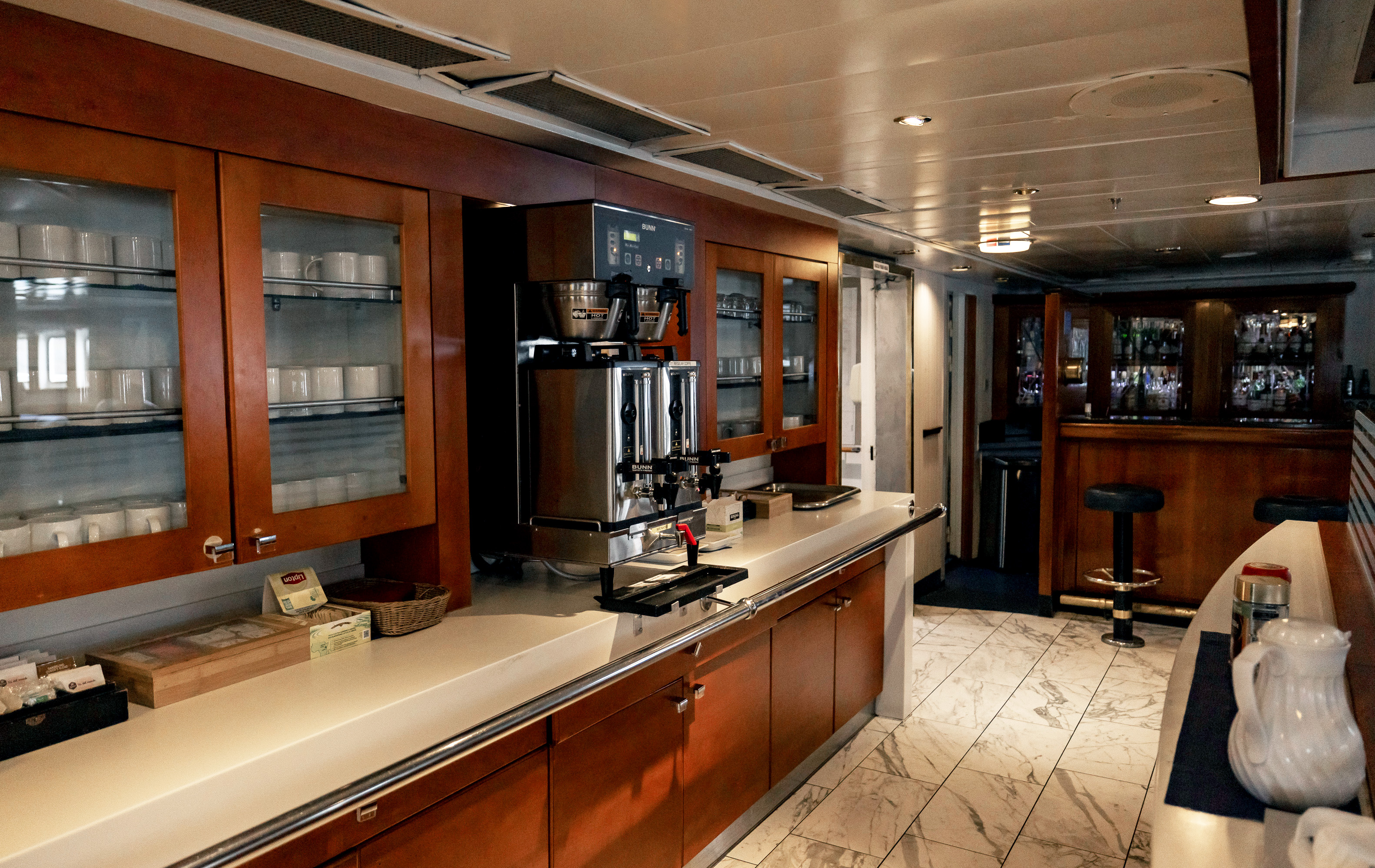 The main lounge coffee bar on the Expedition ship