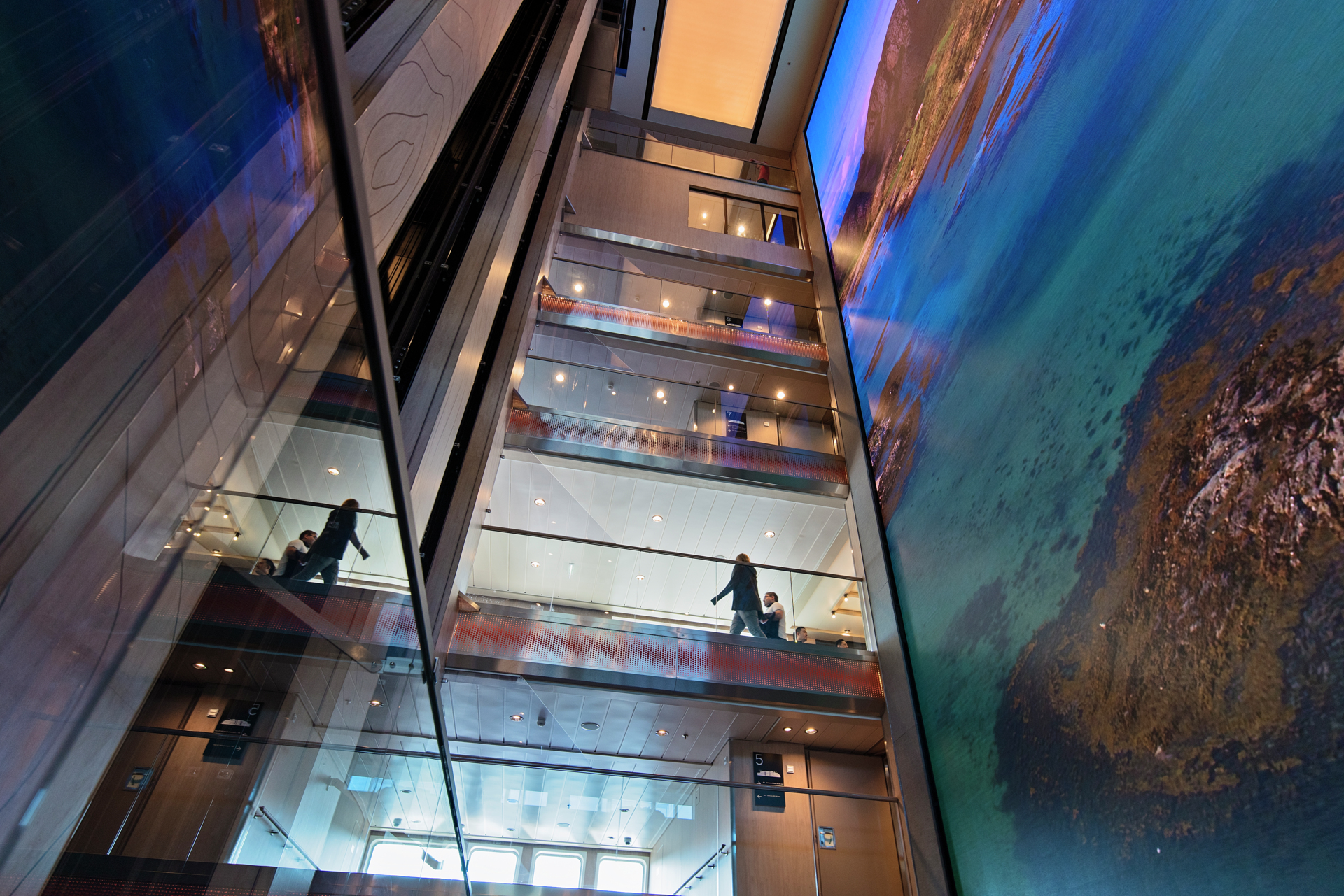 Atrium and virtual map screen on the Roald Amundsen