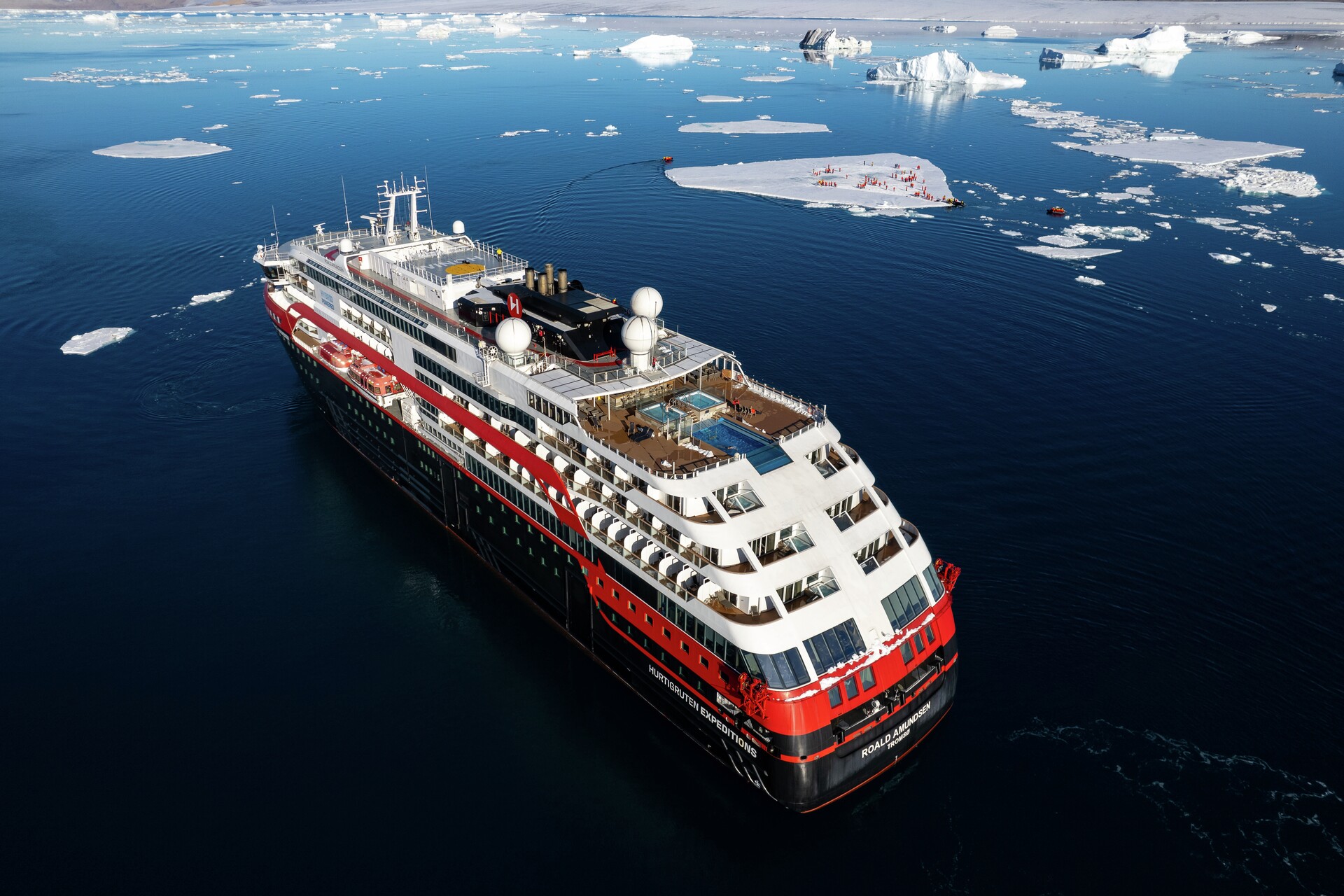 A bird's eye view of the Roald Amundsen ship in Antarctica 