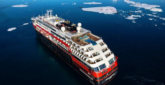 A bird's eye view of the Roald Amundsen ship in Antarctica