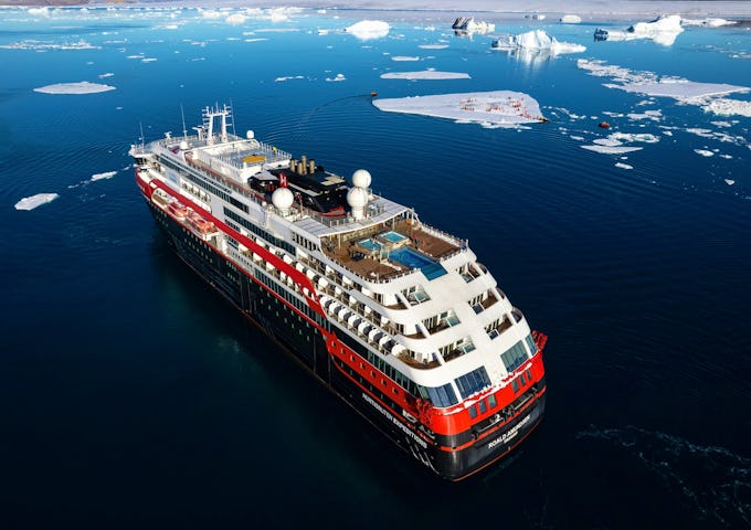 A bird's eye view of the Roald Amundsen ship in Antarctica