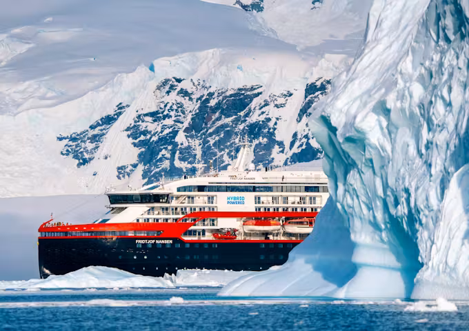 Close-up of the Fridtjof Nansen in Antarctica's Wilhelmina Bay