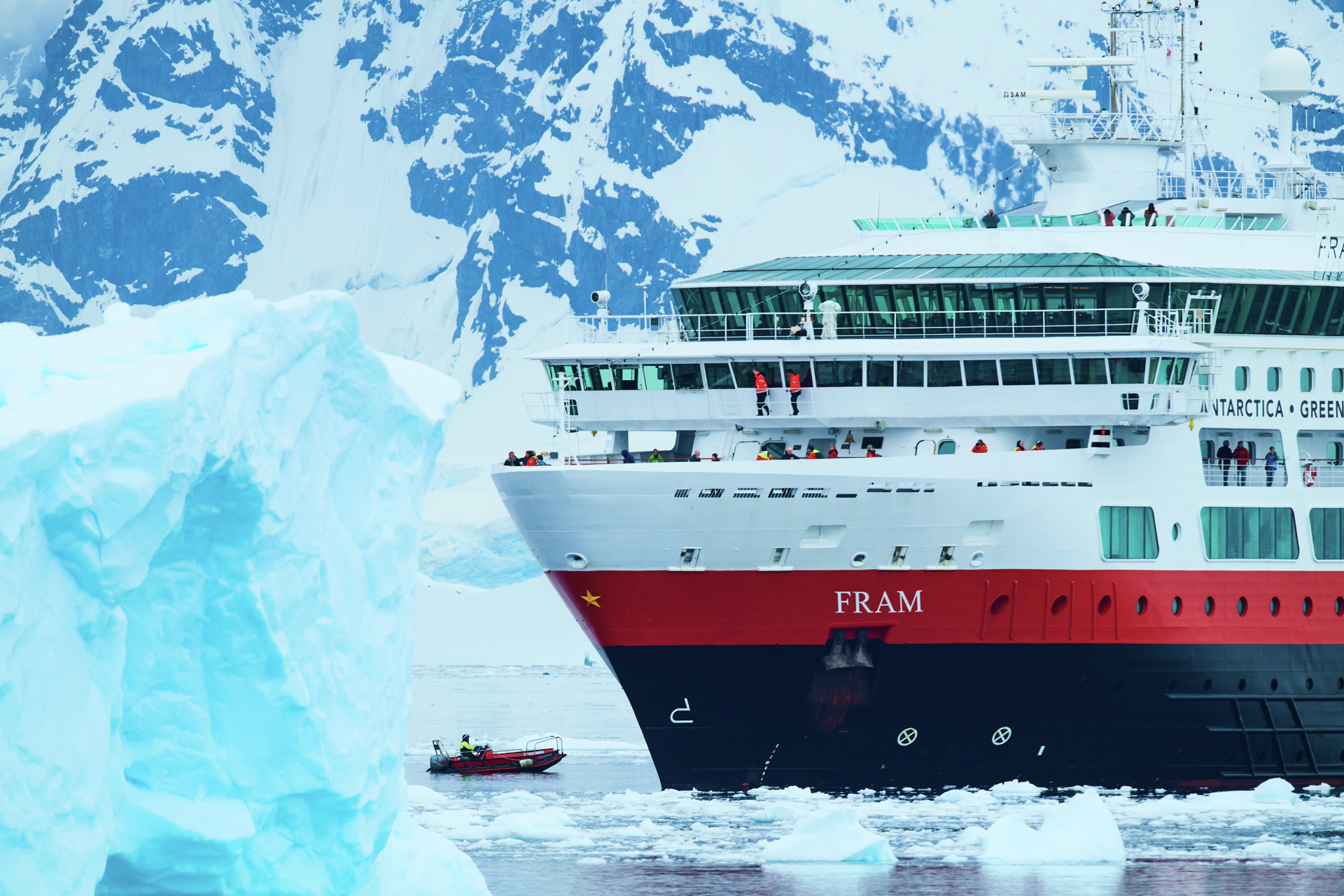 A close-up of MS Fram in Antarctica