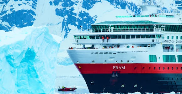 A close-up of MS Fram in Antarctica