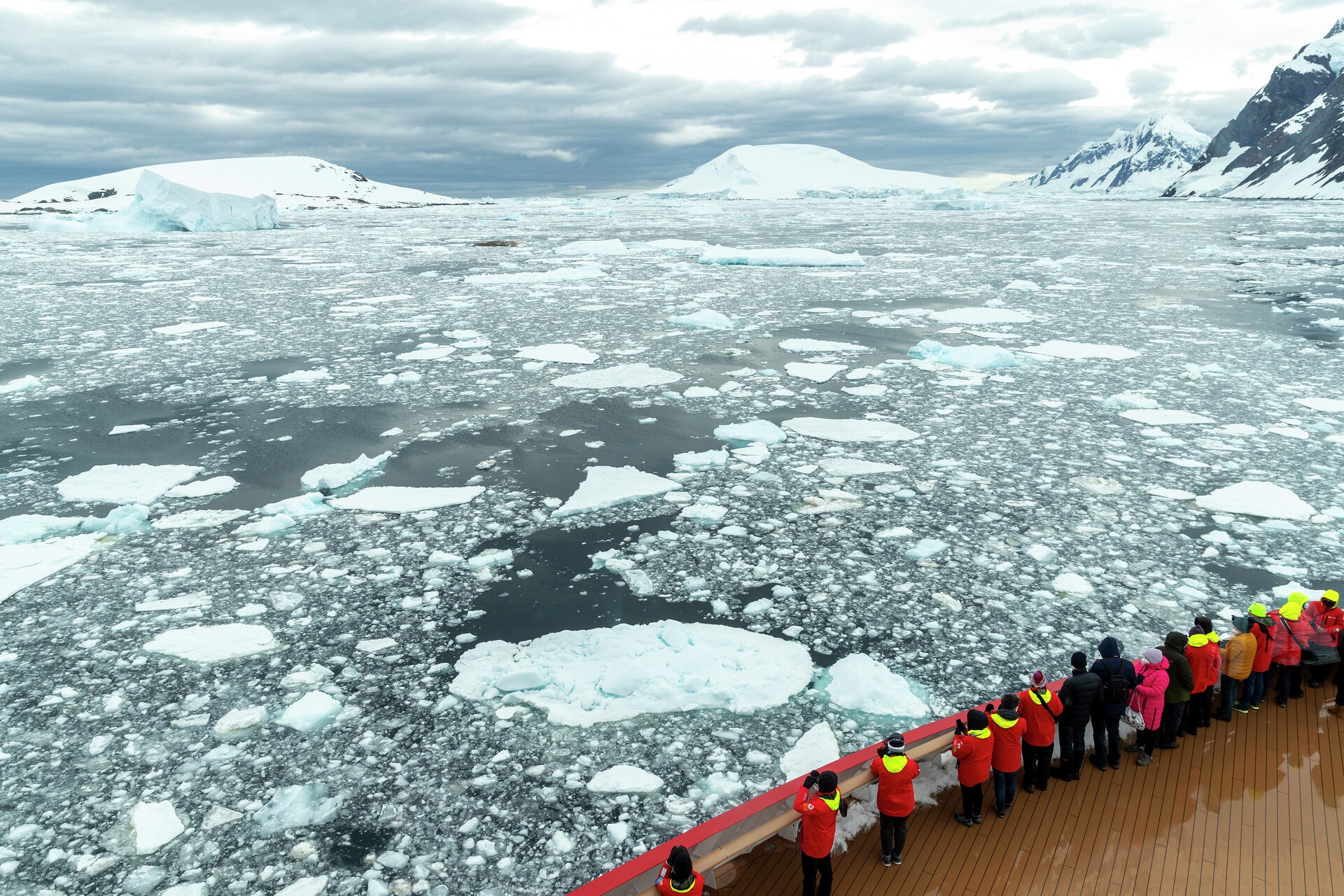 Deck view of Pleneau Island from the Roald Amundsen cruise ship in Antarctica 