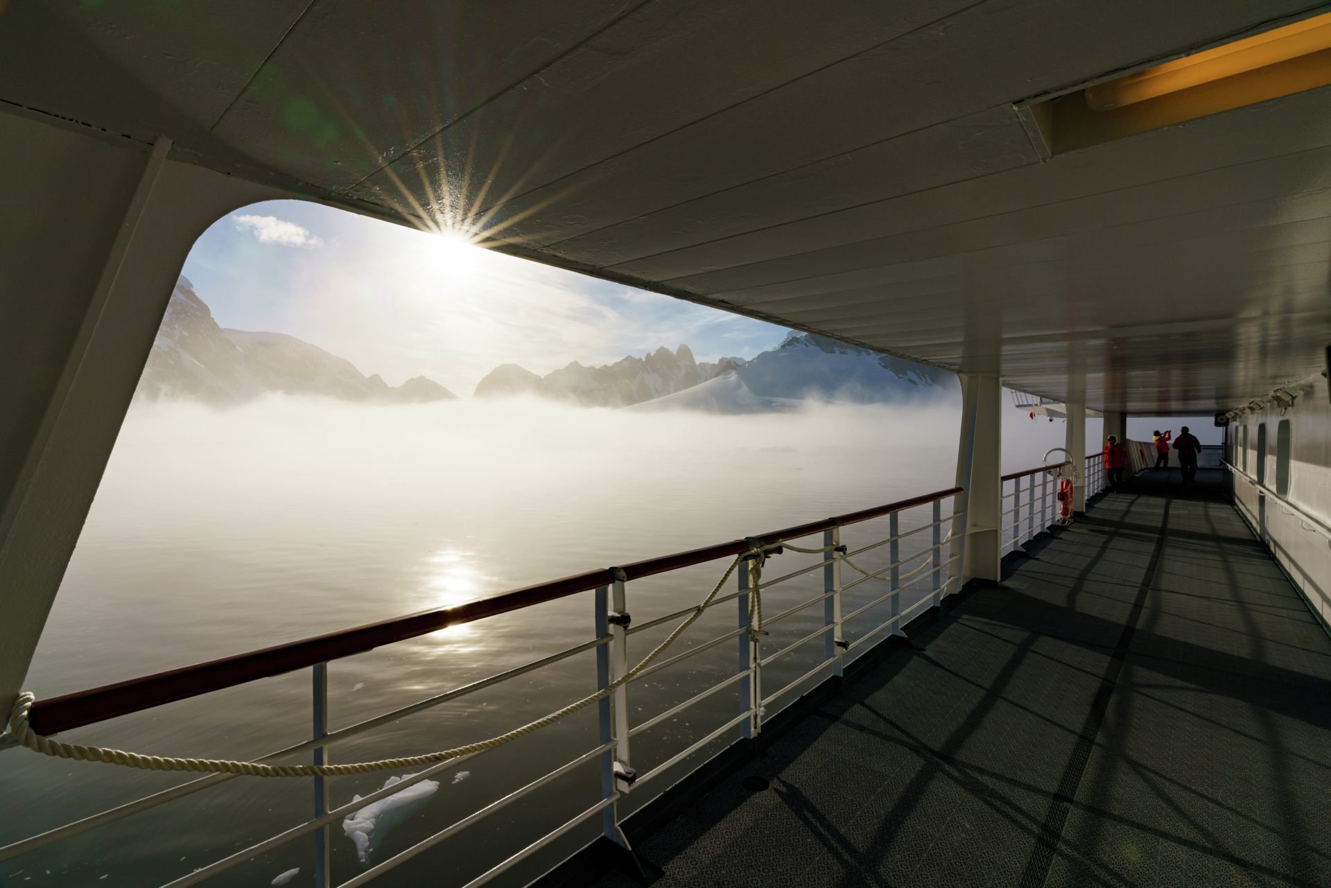 A view of a misty Orne Harbour from the MS Fram's deck 