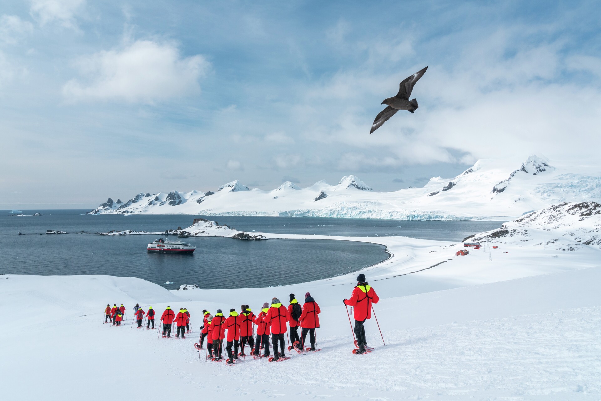 A group of cruise guests snowshoe across Half Moon Island in Antarctica 