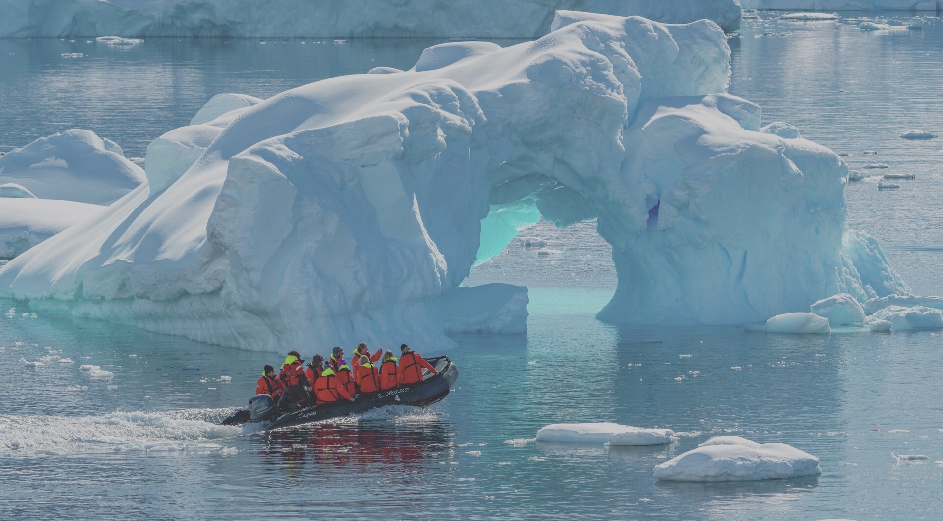 Zodiac cruising around Cuverville, Antarctica