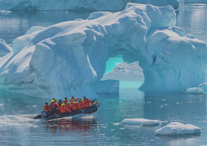 Zodiac cruising around Cuverville, Antarctica