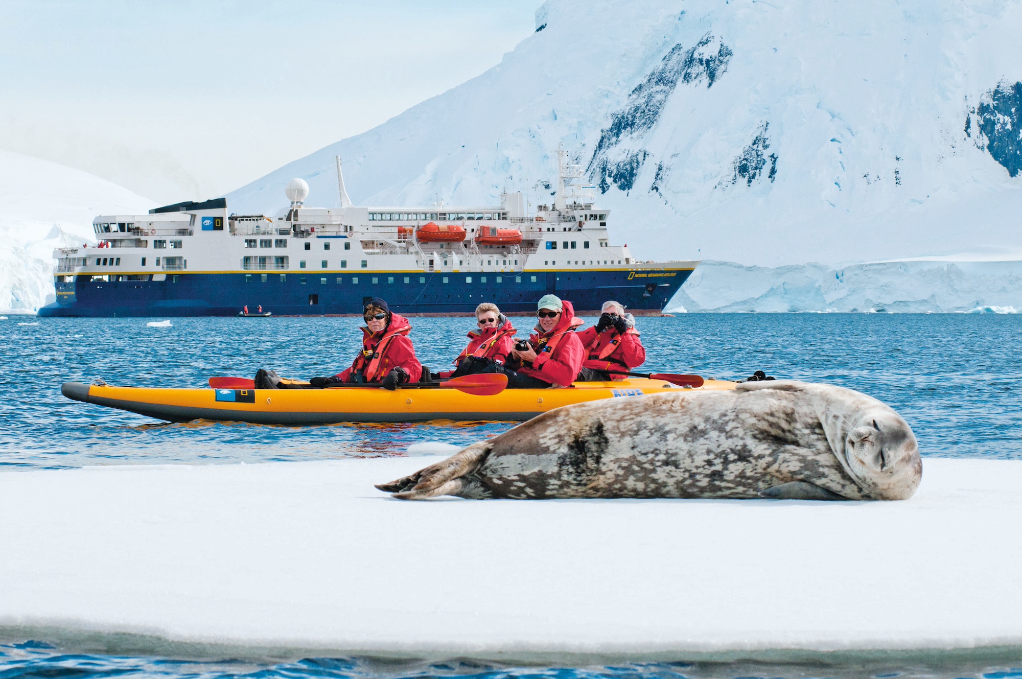 Guests kayak past a Weddell seal with the NG Explorer ship in the background