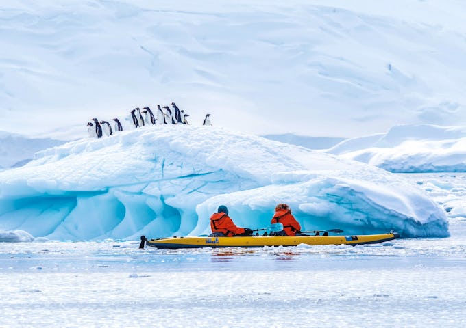 Kayaking beside penguins in Antarctica