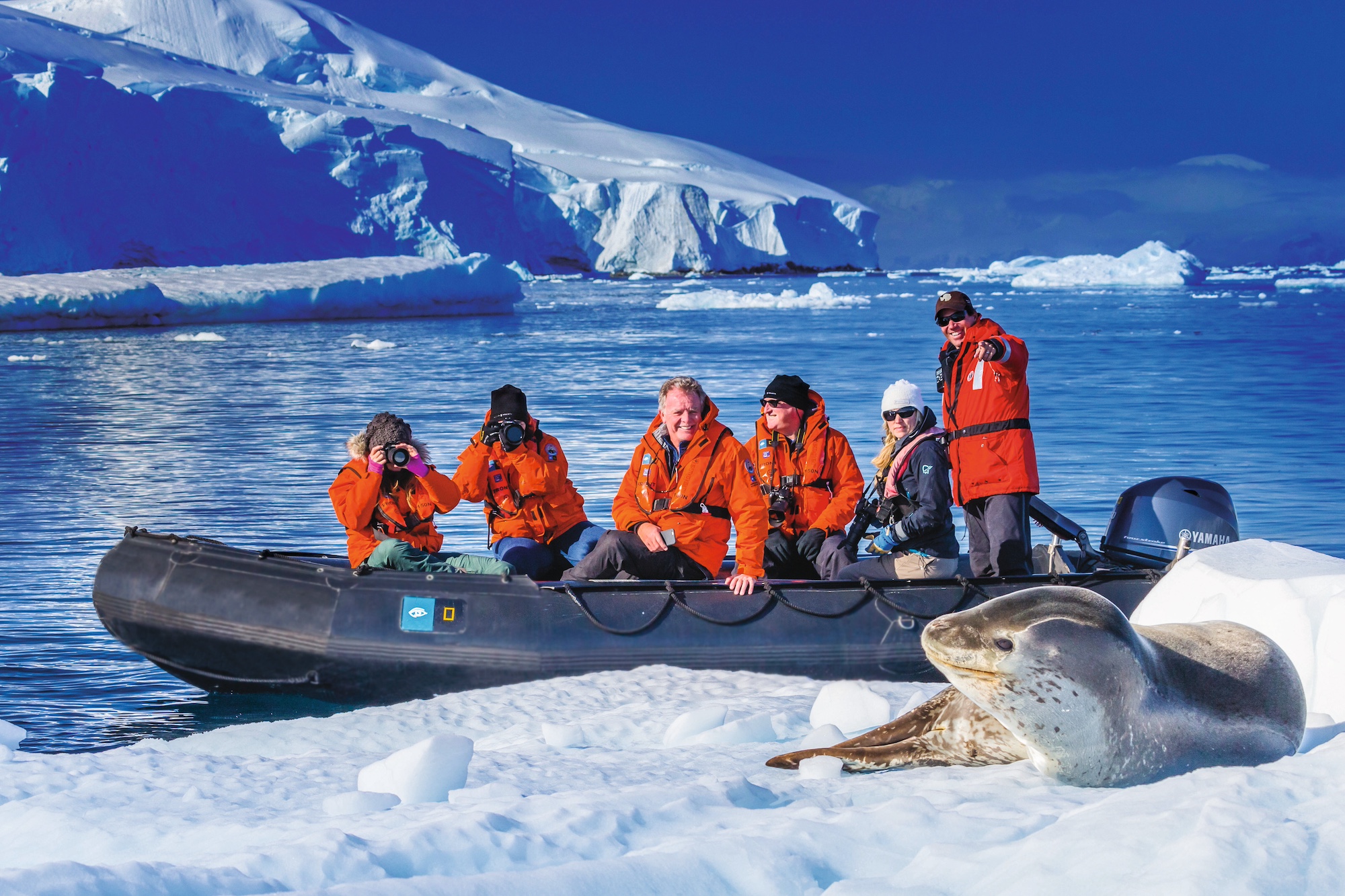 Guests exploring by zodiac take photos of a leopard seal in Dallmann Bay
