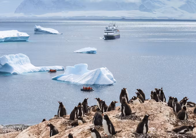 The Orion ship in Antarctica with penguins in the foreground
