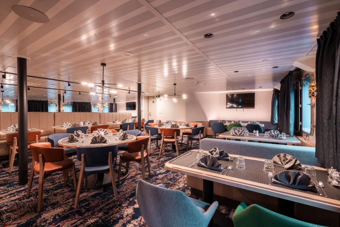 The dining room on the Plancius ship in Antarctica 