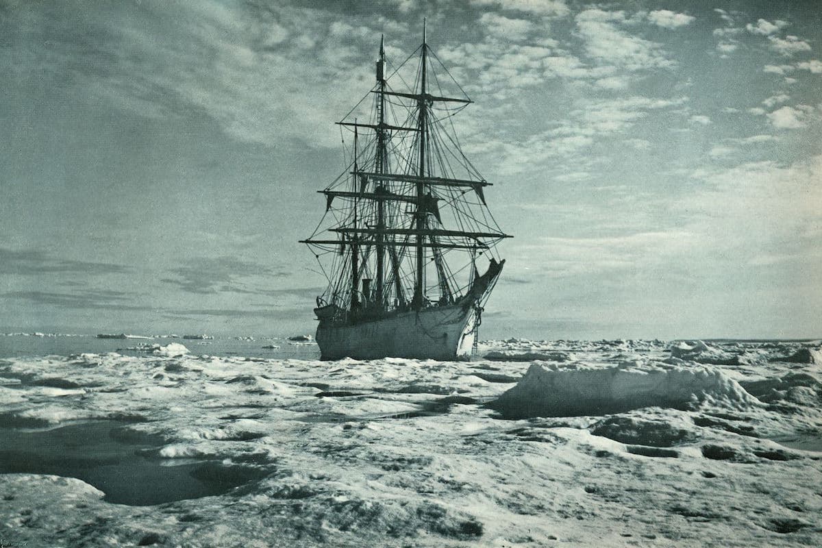 The Belgica ship of the Adrien de Gerlache expedition, frozen in the ice of the Antarctic Peninsula