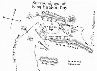Sketch map of King Haakon bay showing the route of the James Caird, taken from Ernest Shackleton's book 'South'