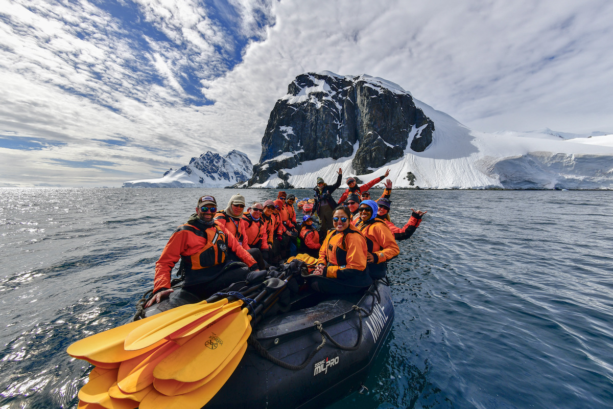 Kayaking group in a Zodiac 