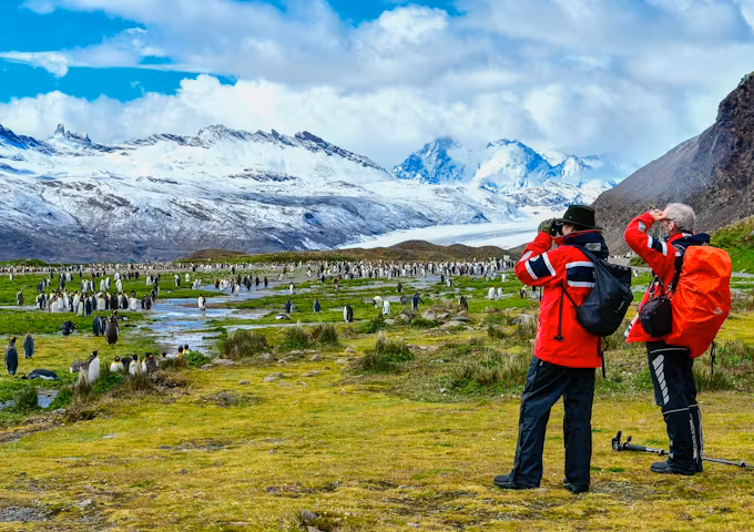 Travellers look out across hundreds of penguins in Fortuna Bay, South Georgia