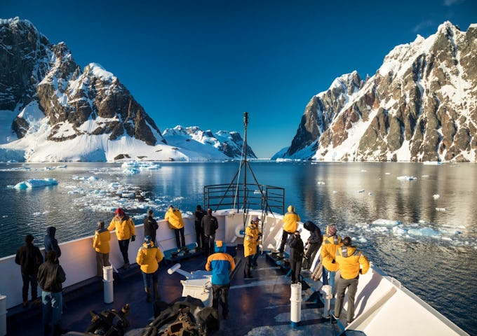 Bow of the vessel in the Lemaire Channel, Antarctica