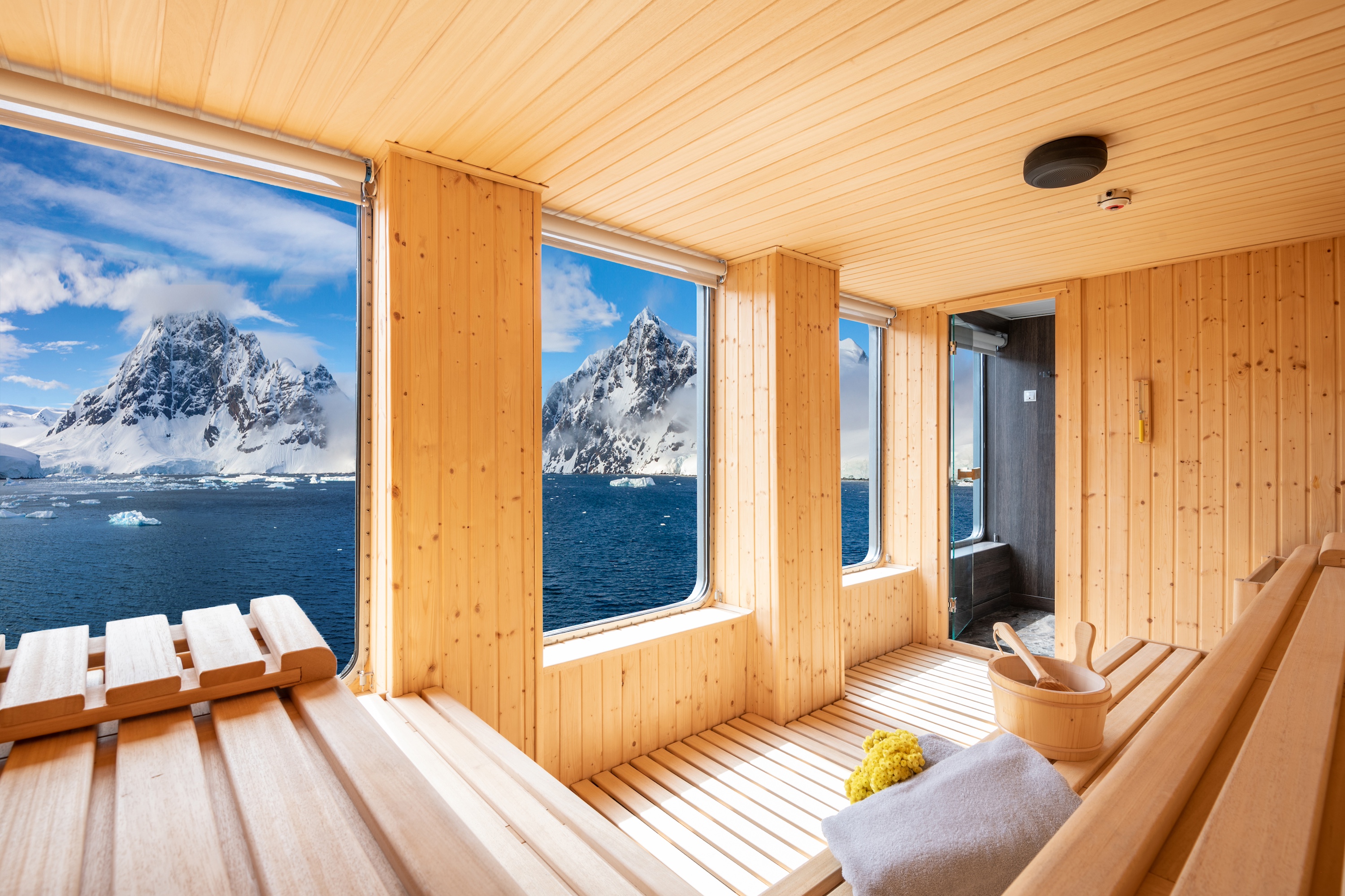 World Voyager's sauna with incredible views of Antarctica 
