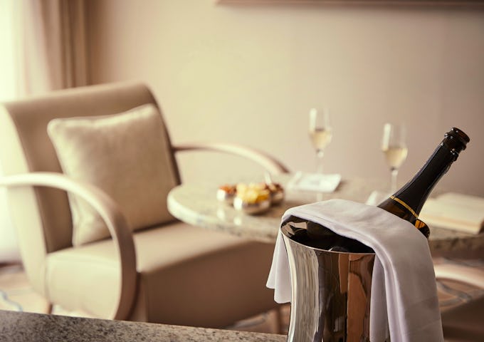 Champagne served in a suite on the Silver Cloud, an Antarctic ship