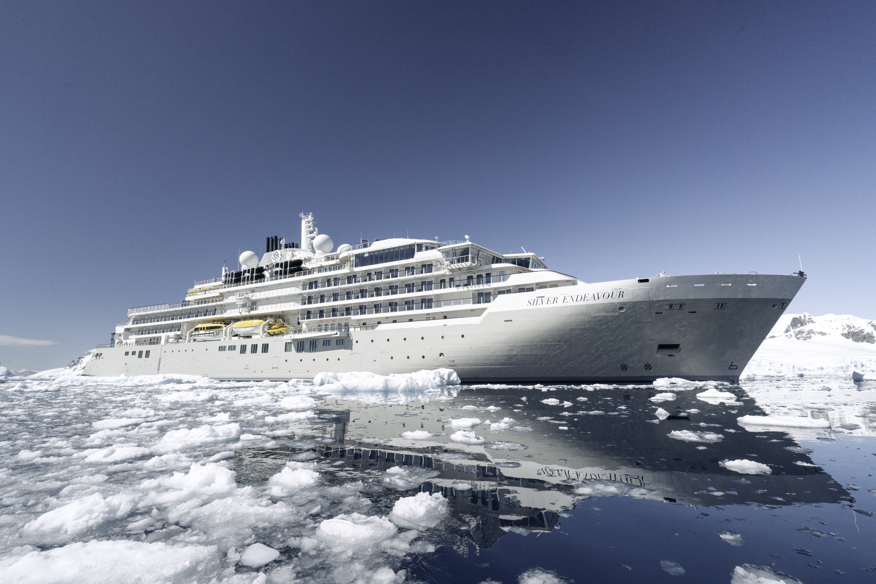 The Silver Endeavour cruise ship surrounded by Antarctic ice
