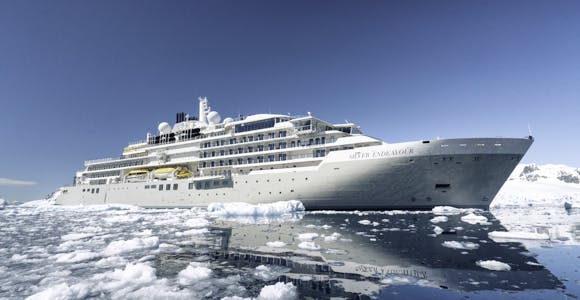 The Silver Endeavour cruise ship surrounded by Antarctic ice