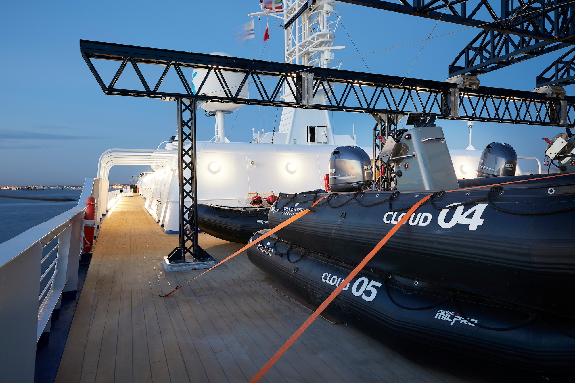 Zodiac boats on the Silver Cloud, an Antarctic cruise ship 