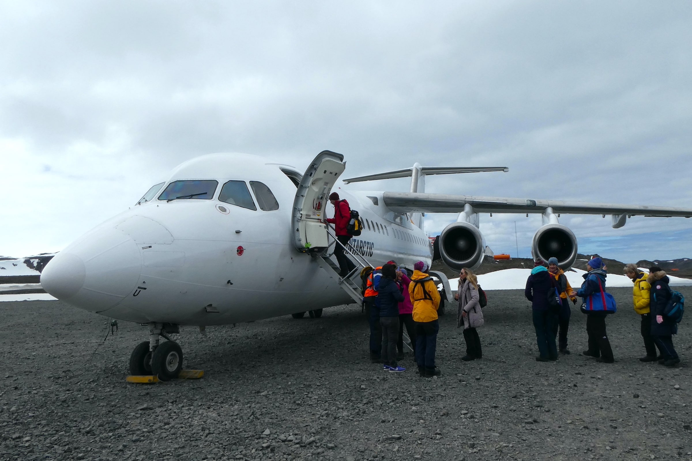 Boarding Antarctic Airways flight from King George Island to Punta Arenas