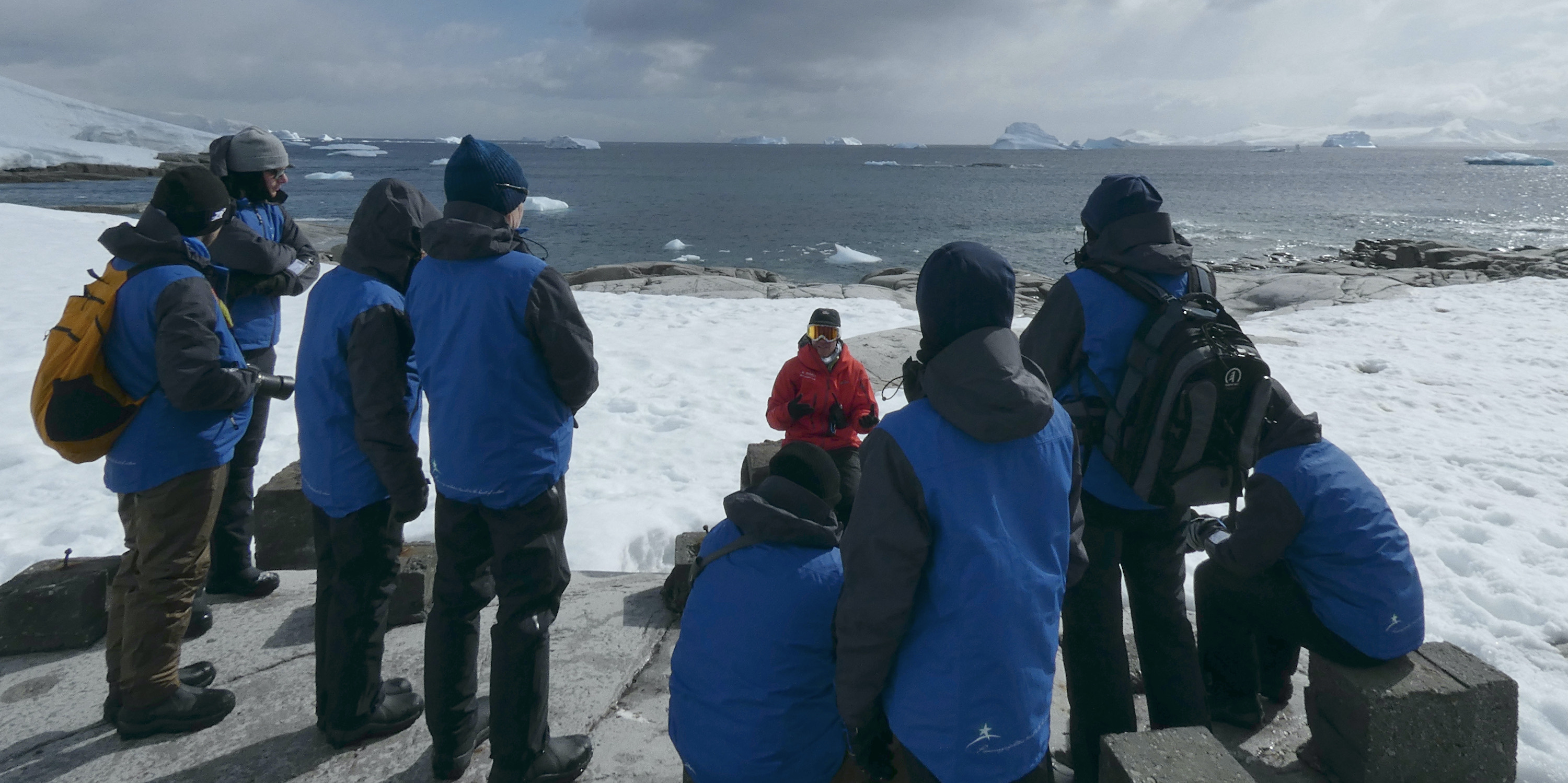 Guide giving a briefing during a landing in Antarctica