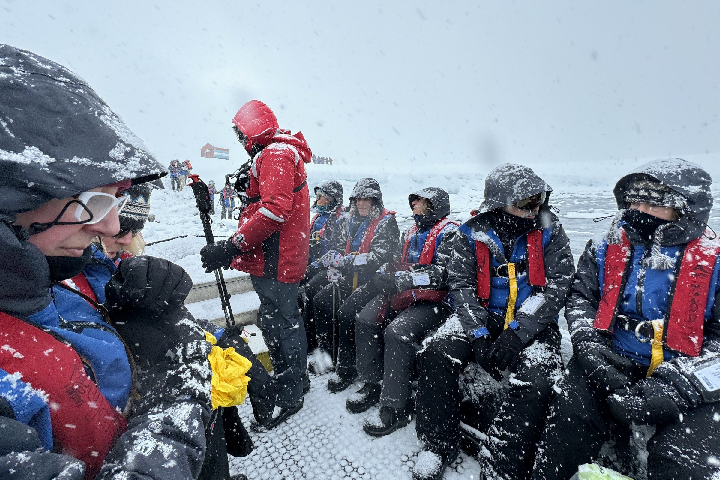 Zodiac cruising in the snow in Antarctica