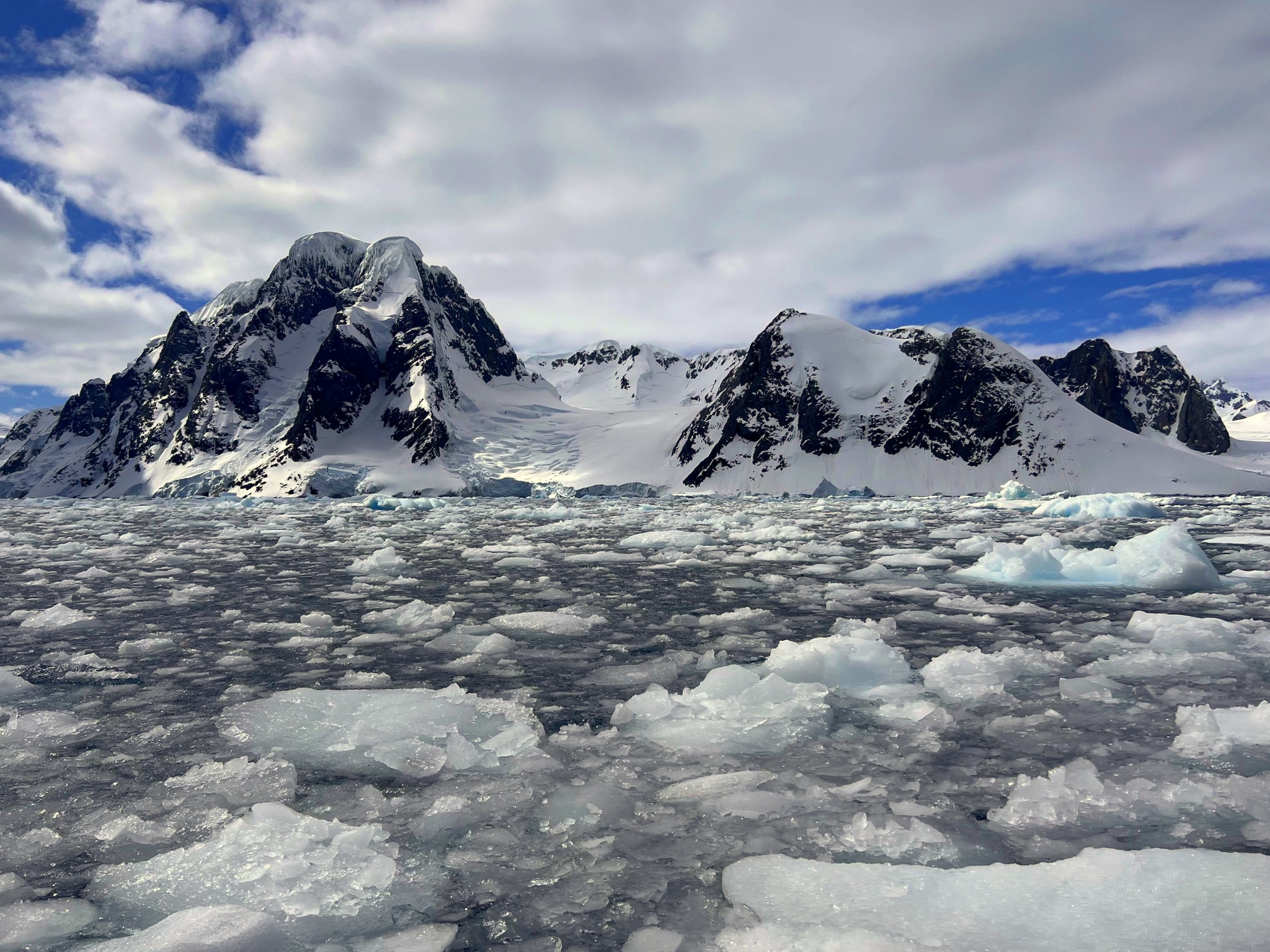 Brash ice in the water in Antarctica set against a mountain backdrop 