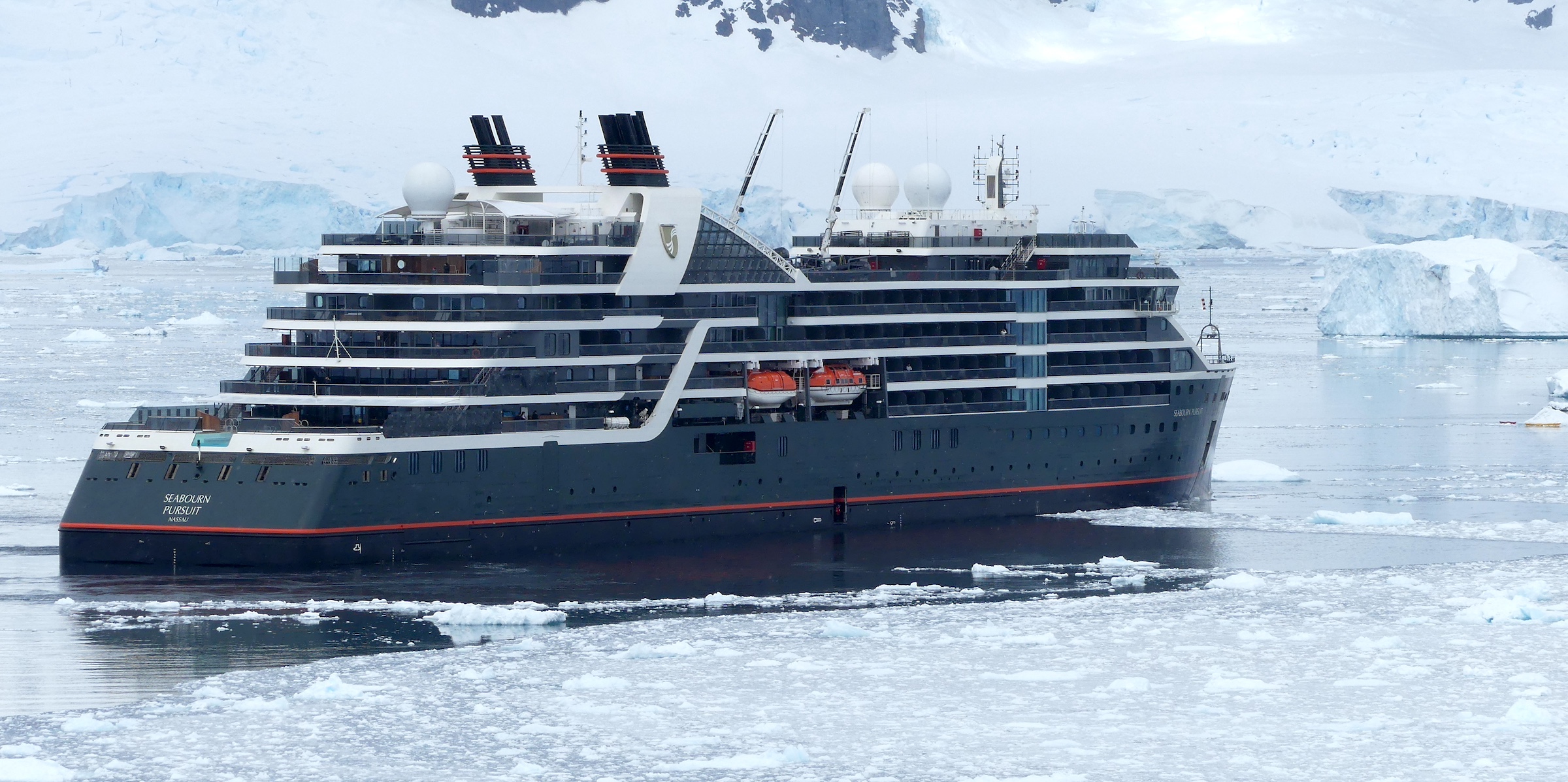 The Seabourn Pursuit behind Neko Harbour in Antarctica 
